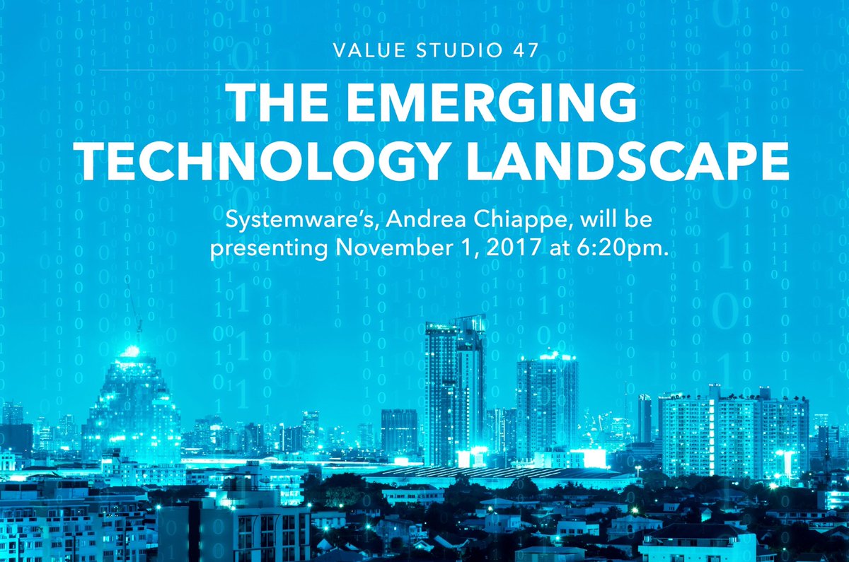 Systemware's tweet photo. We look forward to presenting "The Emerging #Technology Landscape" at Value Studio 47 in St. Augustine Nov 1-2! @deanitla @ChiappeAndrea https://t.co/OWzd9pvLVT
