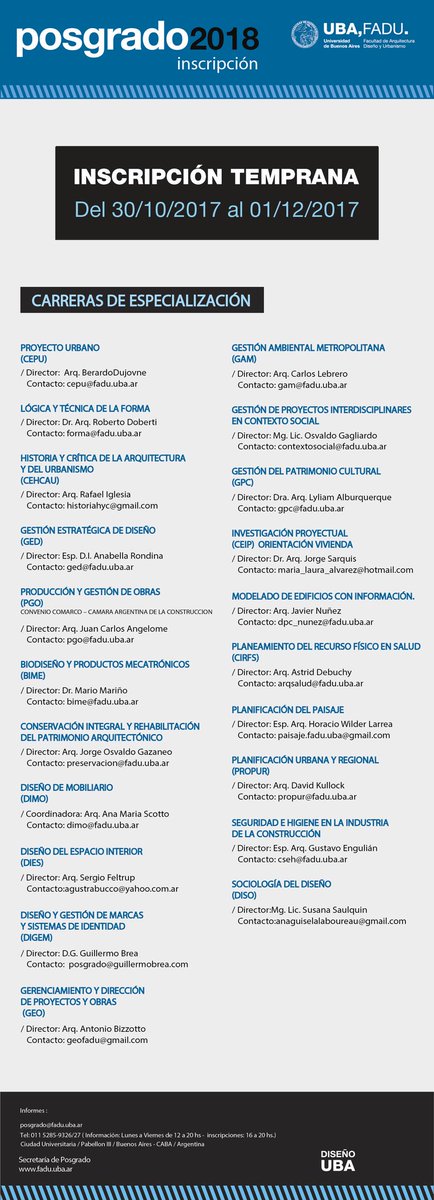 PrensaUBA's tweet photo. Posgrado UBA, FADU / Inscripción Temprana - 2018 / CARRERAS DE ESPECIALIZACIÓN https://t.co/0wZLZfbuDK