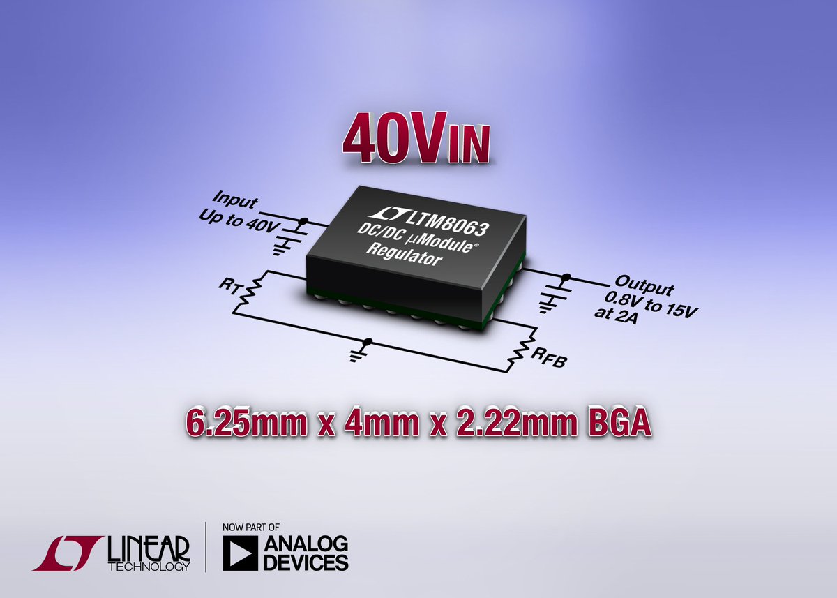 40VIN, 2A Silent Switcher µModule Regulator in 6.25mm x 4mm BGA Package ,,, linear.com/product/LTM8063