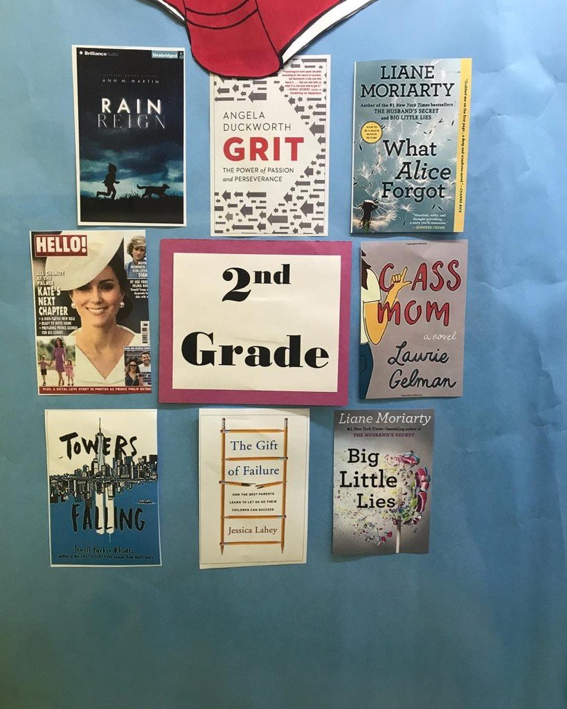 lauriemgelman's tweet photo. A friend sent me this. It’s a bulletin board at her school that tells what the teachers are reading. I couldn’t be more flattered! #classmo… https://t.co/5DyiW0Xyp5