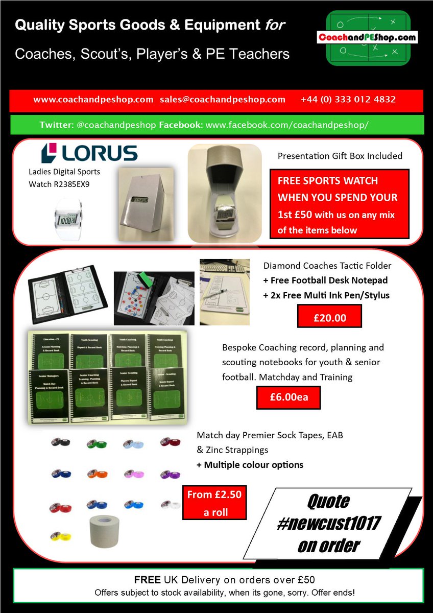 Football Club essentials. Spend your 1st £50 with us on tapes and notebooks and we will give you a FREE Lorus digital watch. Be quick!! WSL