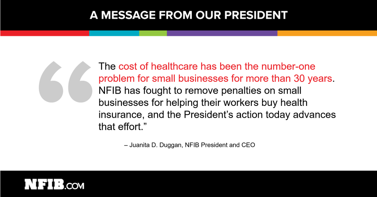NFIB's tweet photo. Thanks @POTUS for exec order that addresses regs that make it harder &amp; costlier for #smallbiz to provide #healthcare https://t.co/aMEQEHPCKv https://t.co/UVBN1SVC1r
