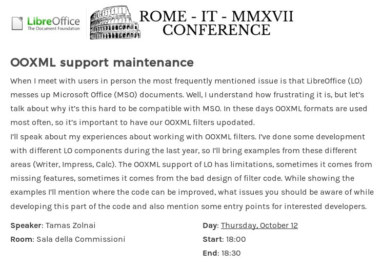 CollaboraOffice's tweet image. Learn from Tamas Zolnais&apos;s experience on working with #OOXML filters in #LibreOffice. Today at 18:00 at #LibOConf17. @CollaboraOffice
