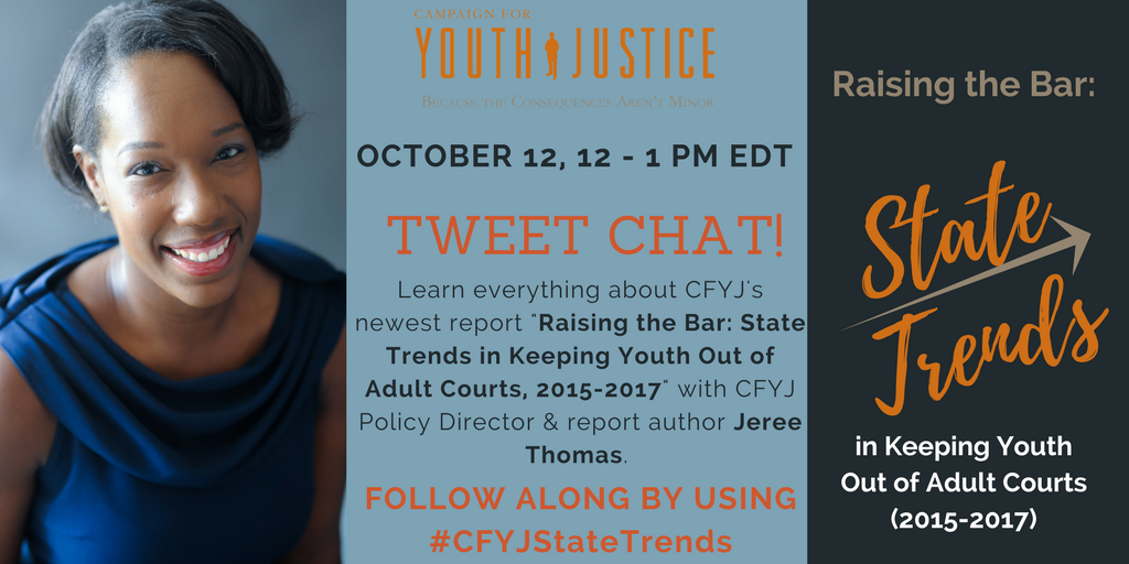 justiceforyouth's tweet photo. Our tweet chat discussing #CFYJStateTrends will start in less than 10 minutes. Join us to hear from the report's very author @Jeree_Thomas! https://t.co/VFYnILXYSt