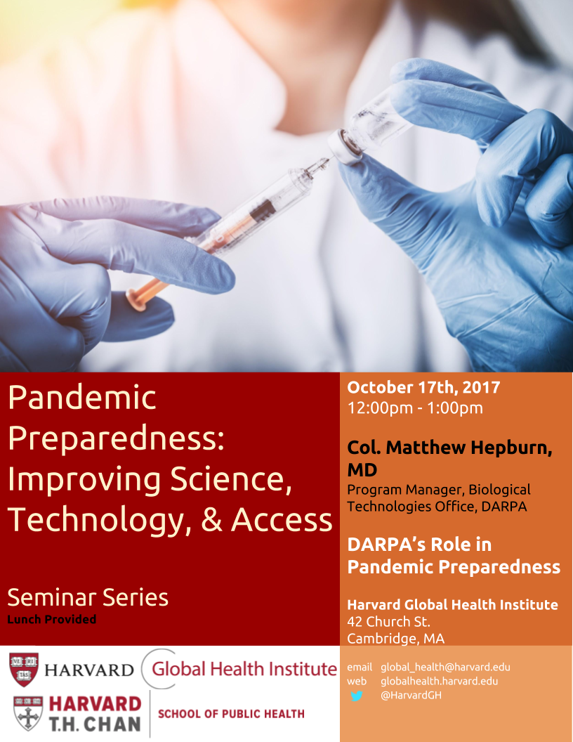 HarvardGH's tweet photo. Join us on 10/17 to hear Col. Matthew Hepburn speak about @DARPA 's role in pandemic preparedness. Register here: https://t.co/uOstYRg4Vn https://t.co/qpMVxisZds