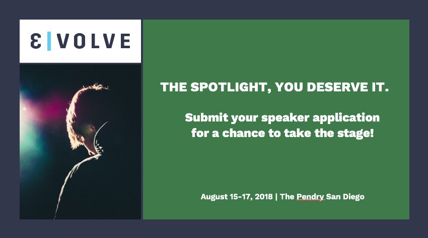 EVOLVE_Conf's tweet image. See yourself in the spotlight? Submit your presentation idea for #AEM #AdobeCampaign #AdobeAnalyticsCloud bit.ly/2gb5WIy