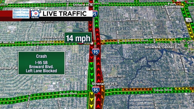 CRASH: I-95 SB & Broward Blvd. A left lane is blocked. Speeds only clocking in at 14 MPH. #TRAFFIC https://t.co/OQwHtwTmPj