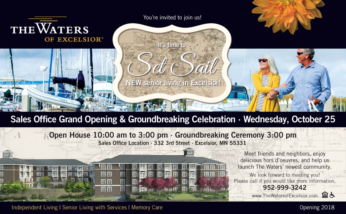 TheWatersMN's tweet photo. The Waters of Excelsior is setting sail! Sales Office Grand Opening &amp; Official Groundbreaking is on Oct 25. Info at: https://t.co/cS1fXEhc1w https://t.co/fUgs4An6kf