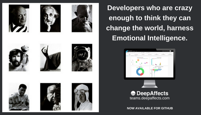 DeepAffects's tweet photo. Developers who are crazy enough to think they can change the world, harness Emotional Intelligence: https://t.co/cl7PtK5Vuz #githubUniverse https://t.co/VjSjJ4xIRn