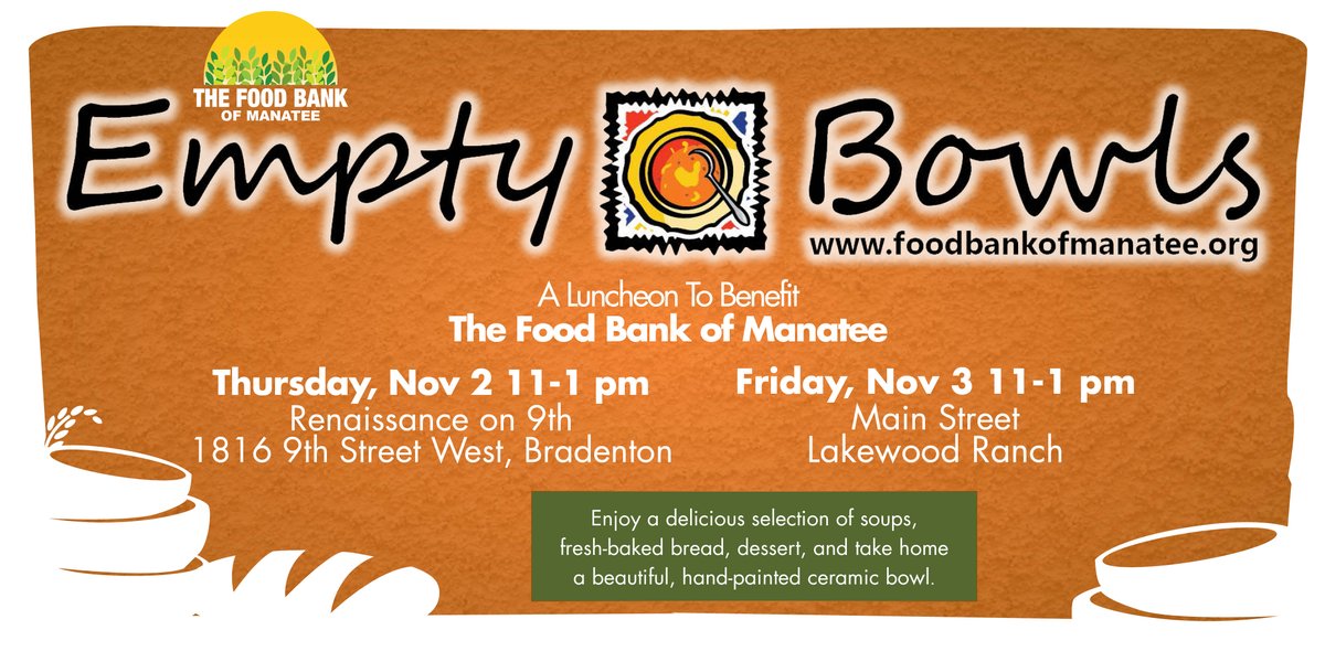 Only 3 weeks until #EmptyBowls 2017! Get your tickets now foodbankofmanatee.org/tickets-events/.