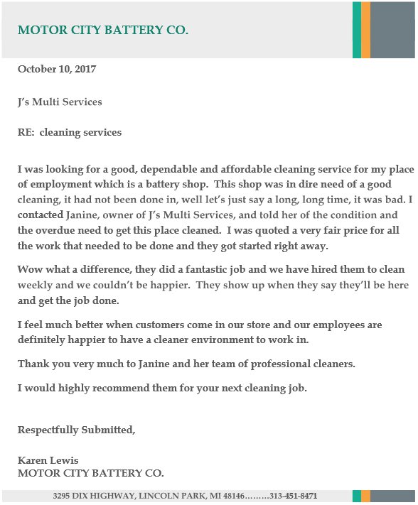 JsMultiServLLC's tweet image. Karen Lewis and the employees from @Motor_City_Bat are very satisfied with a cleaner work environment thanks to our janitorial services!