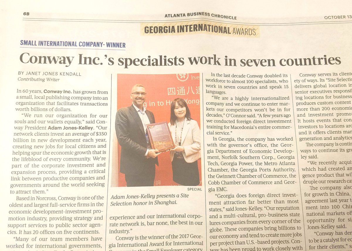 ConwayGlobal's tweet photo. We're thrilled to have been honored as the Intl Company of the Year Award @ the 2017 Georgia Intl Awards Event presented by @AtlBizChron, @wtcatlanta, &amp; @gdecd! https://t.co/RzyDESGbTn