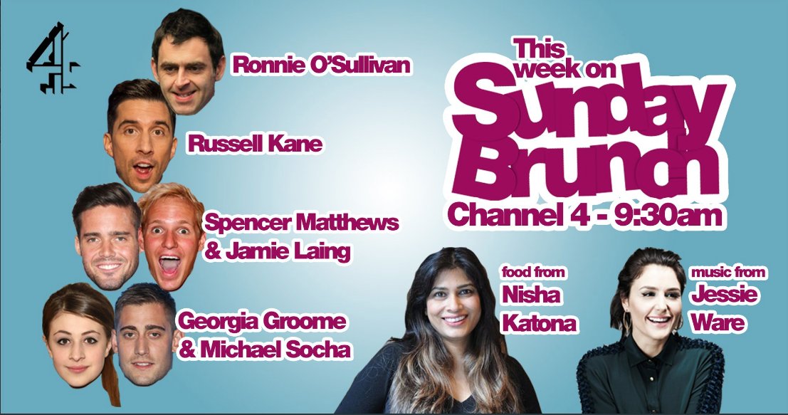 Join <a href="/ronnieo147/">Ronnie O'Sullivan</a> <a href="/russell_kane/">Russell Kane</a> <a href="/SpencerMatthews/">Spencer Matthews</a> <a href="/JamieLaing_UK/">Jamie Laing</a> <a href="/Georgia_Groome/">Georgia Groome</a> <a href="/Michaelsocha/">Michael Socha</a>  <a href="/JessieWare/">Jessie Ware</a> <a href="/NishaKatona/">Nisha Katona</a> for <a href="/SundayBrunchC4/">Sunday Brunch</a>