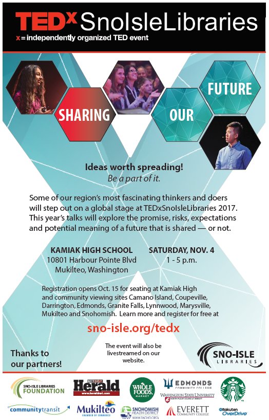 MukilteoChamber's tweet photo. #TedxSnoIsleLibraries registration opens on Oct. 15! This FREE event is limited seating so make sure to grab them! https://t.co/oW3eINicRW https://t.co/GiVXnYniJ0