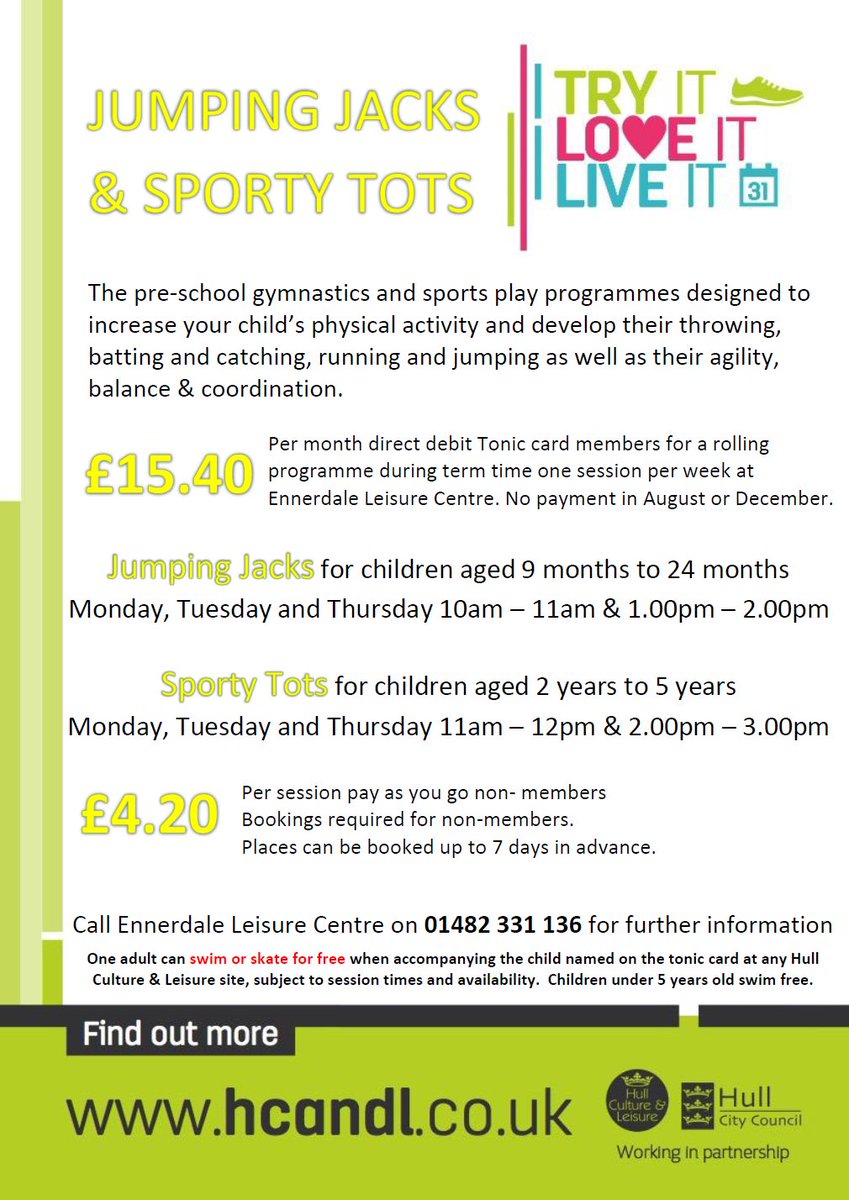 StreetGamesHull's tweet photo. Jumping Jacks &amp; Sporty Tots - pre school gym &amp; play for kids age 9 months - 5 years. Call Ennerdale Leisure Centre on 01482 331 136 for info https://t.co/dDr5Ae0LmY