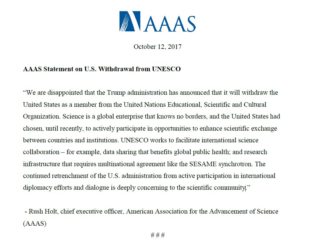 aaas's tweet photo. AAAS CEO @RushHolt statement on U.S. withdrawal from @UNESCO: "deeply concerning to the scientific community" https://t.co/RN3J2BEB63 https://t.co/NC80nwBgrO
