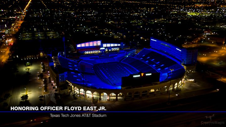 KAMCNews's tweet photo. Jones Stadium was lit up in blue again last night to honor Floyd East. Image courtesy of Creative Magic. https://t.co/OCi7bt68TZ