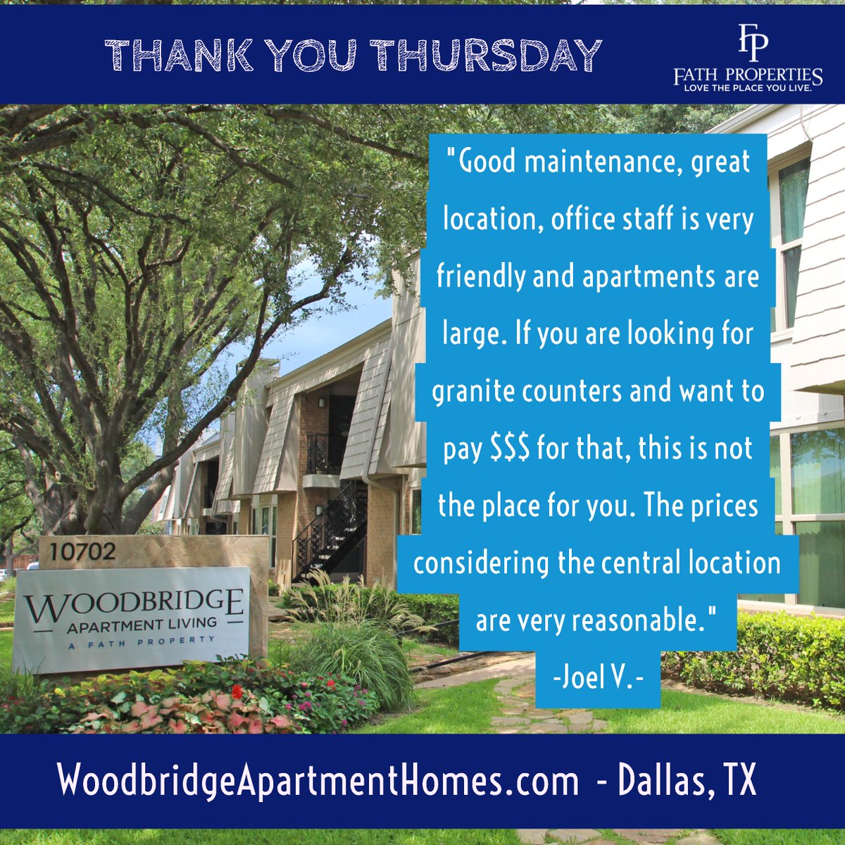 FathProperties's tweet photo. #ThankYouThursday - Woodbridge #ApartmentsInDallas received a 5-star review! #DallasApartments #TopRatedApartments #FathLife https://t.co/iwhq04eg2R
