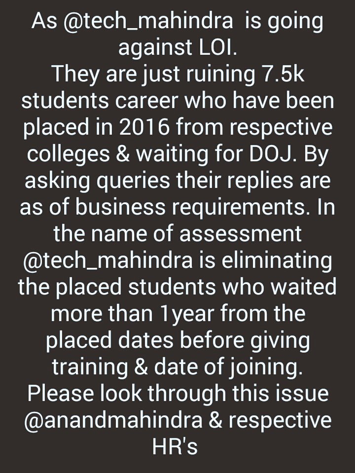 Sabharish10's tweet photo. #terminating_before_joining
#waiting_for_DOJ
@anandmahindra
@C_P_Gurnani
@tech_mahindra
@timesofindia
@ndtv
@DeccanChronicle https://t.co/JK9SdhbJkb