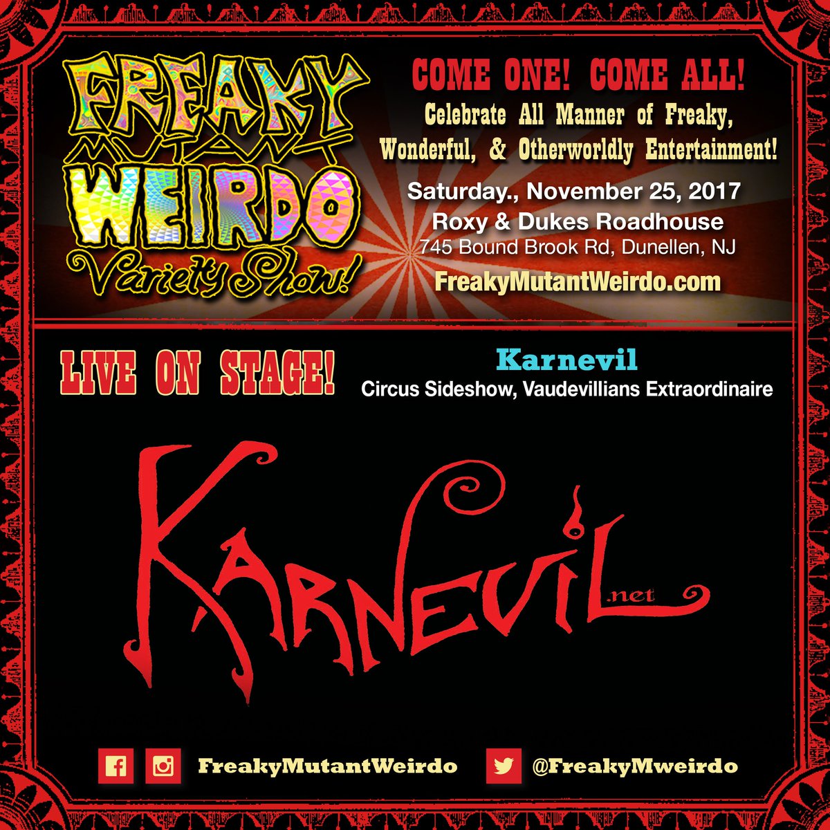 LumpLoafRecords's tweet photo. Karnevil, NJ's most dangerous #sideshow, performs @FreakyMweirdo 11/25 @RoxyAndDukes. #FreakyMutantWeirdo #NJ #NewJersey #USA https://t.co/nu3uiPu2BZ