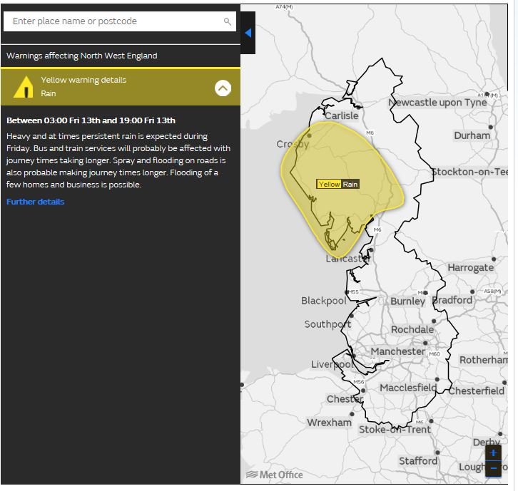 Cumbriapolice's tweet photo. Heavy rain expected from the early hours of tomorrow morning until Friday. Check our traffic map before driving:  https://t.co/Fw7B0dZxLy https://t.co/QfvKsfMOvj