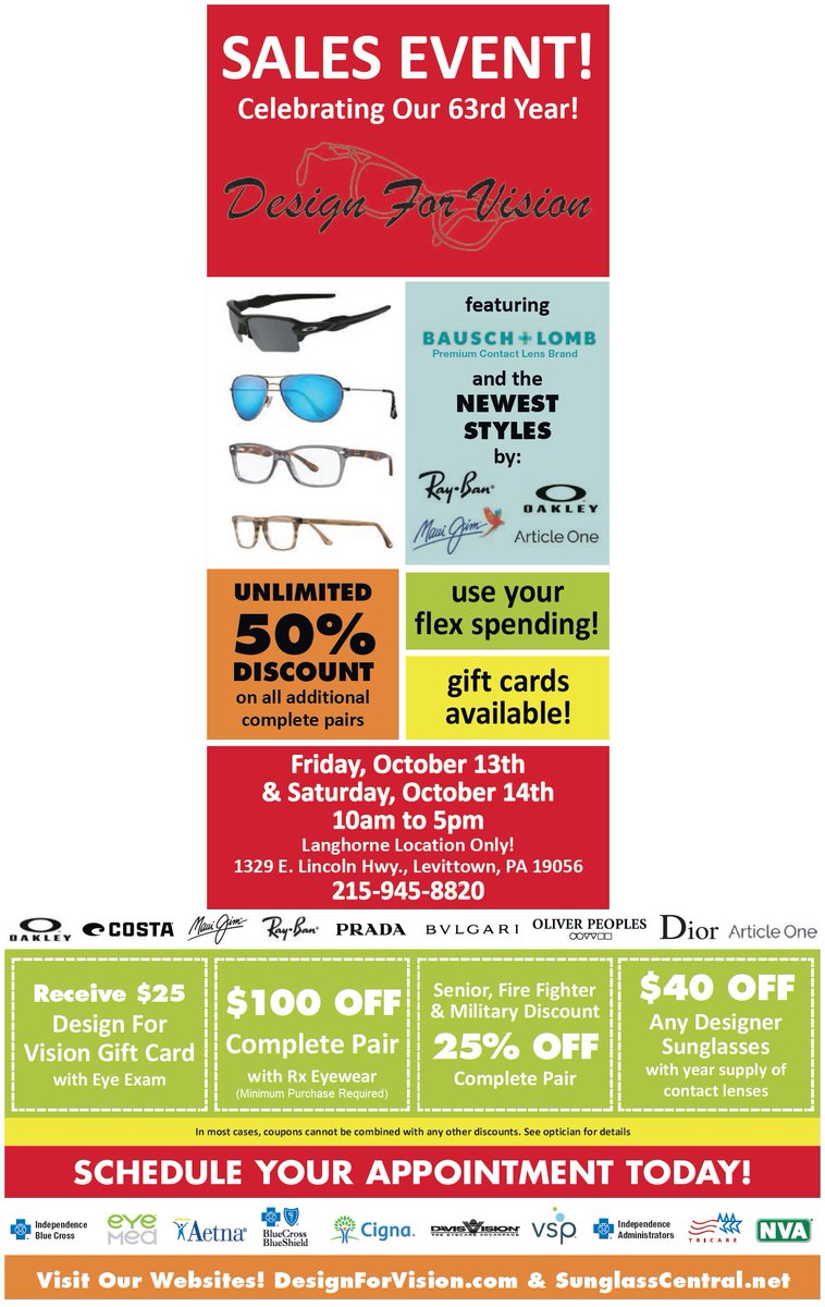 Sun_Central's tweet photo. Join us this Friday and Saturday, at our Langhorne location, for Design  For Vision's 63rd year celebration event! Hope to see you there! 🤓😎 https://t.co/aHpOqU3BDA