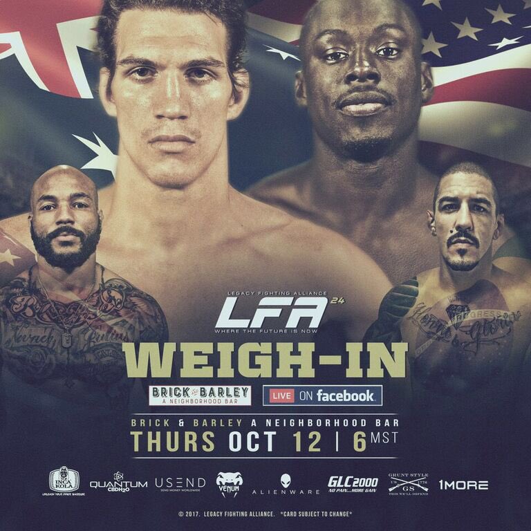 #LFA24 Public Weigh-In today at 6 p.m. MST!

@Brick_BarleyAZ
201 E. Baseline Rd.
#Tempe, #Arizona

It will be streamed LIVE on Facebook!