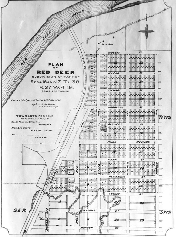 Original townsite plan for Red Deer, November 1890.  Both Gaetz and Ross were originally avenues. <a href="/MichaelDawe1/">Michael Dawe</a> #reddeer