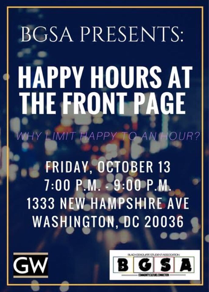 GWUBGSA's tweet photo. Why limit happy to an hour?! Join us @FrontPageDC for our first Happy Hour of the semester! https://t.co/pQlAYSkQGA