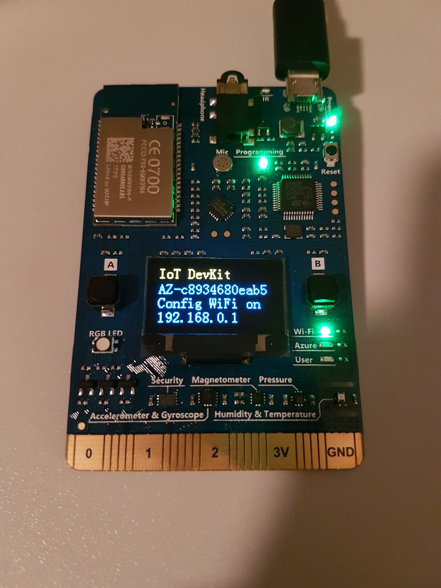 Alex_Witkowski's tweet photo. Azure IoT DevKit up and running :) Will try out more at @devopenspace in next days. #devspace #Azure #IoT #AzureIoT #IoTDevKit @Azure https://t.co/RrwJMmkZTx