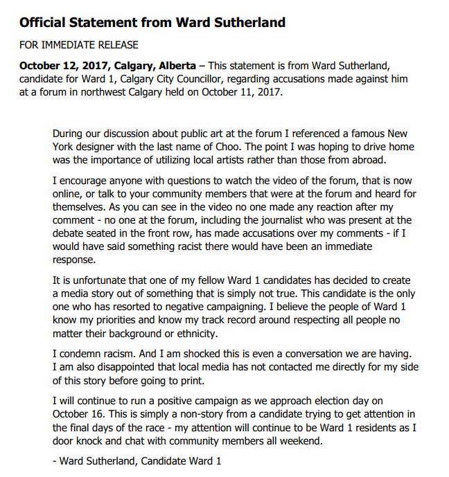 CBCFletch's tweet photo. Ward Sutherland says he didn't say "Johnny Jew" but was referring to "famous New York designer with the last name of Choo"  #yycvote #yyccc https://t.co/rJNCn6yQdB