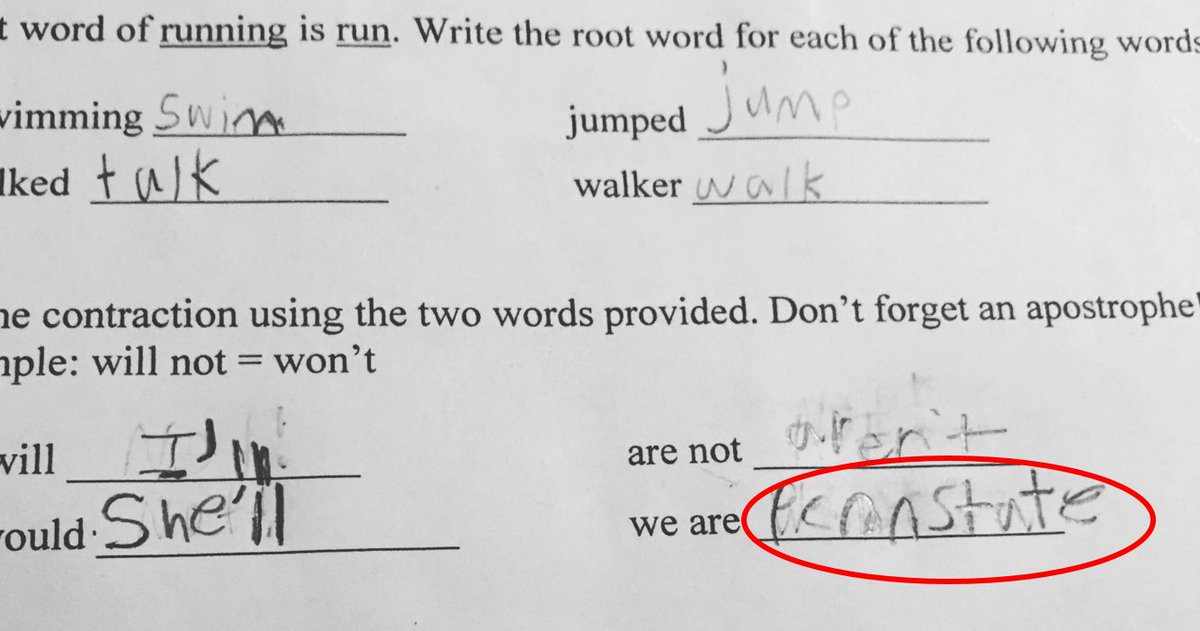 2nd grade daughter's L.A. Skill Sheet.  Need to work on contractions, but I'm loving her word association skills as a Penn State Fan. #WeAre
