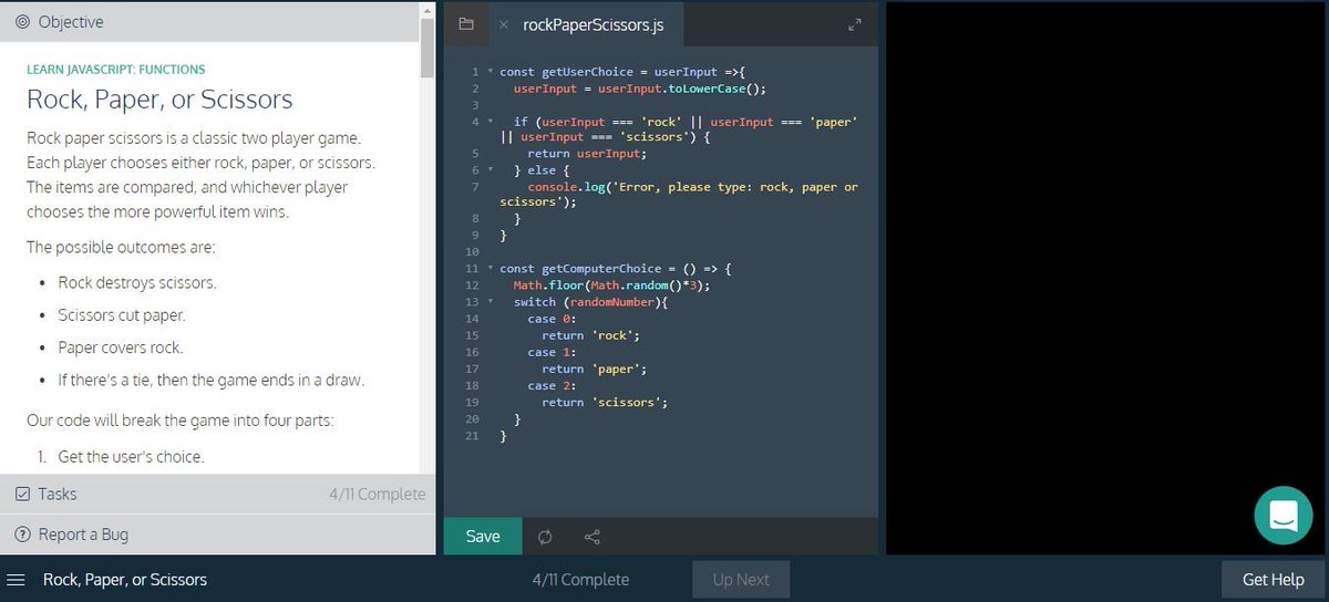 ElaMoscicka's tweet image. Making use of #functions and #controlflow to program a "Rock, Paper, Scissors" game @Codecademy w/ #javascript! 👩💻
#WomenInTech