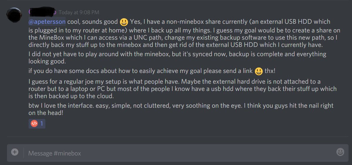 >>> We got nice feedback from a happy Minebox customer! 

***If you want to be part of discussion, join #minebox channel in <a href="/SiaTechHQ/">Sia/Skynet (follow our new accounts)</a> Discord or send us feedback and post questions on 

reddit.com/r/MineboxOS   ***