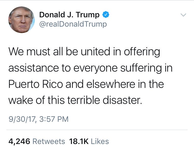kylegriffin1's tweet photo. 3:57PM—Trump says "we must all be united" in helping Puerto Rico.

4:37PM—Trump attacks the Mayor of San Juan. https://t.co/bQXZoAcsqn