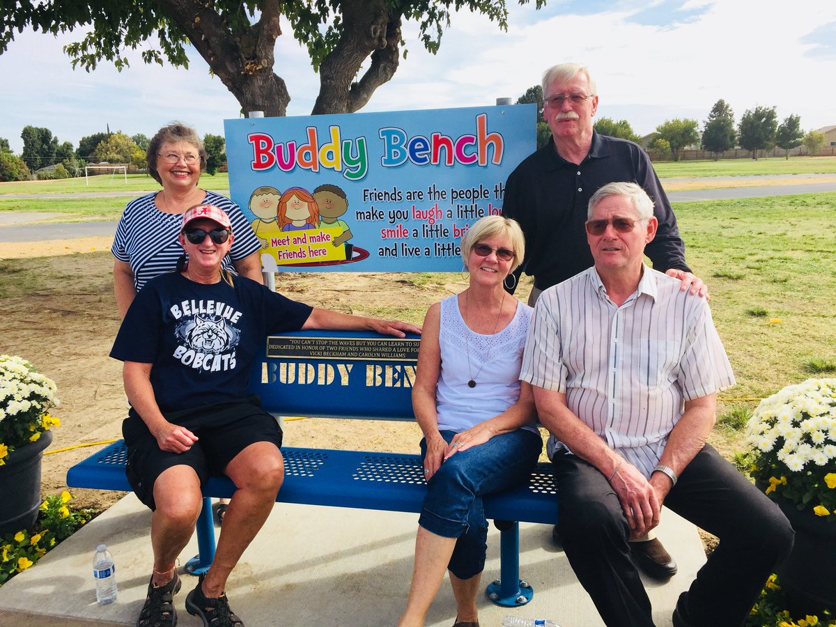 AESDinfo's tweet photo. Yesterday was a great day @BellevueSchool honoring teacher Vicki Beckham w/ a memorial buddy bench &amp; dedication attended by retired friends! https://t.co/1pZtFK7Aq9