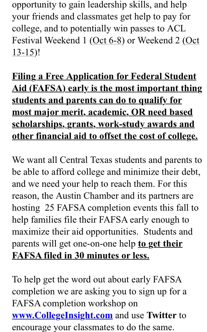bybrie's tweet photo. HEY ATTENTION SENIORS! THIS IS IMPORTANT! Go to @collegeNsight and sign up for the FAFSA class. You can win ACL tickets!!!! so rtwt &amp; like! https://t.co/0YqF5jaBv7