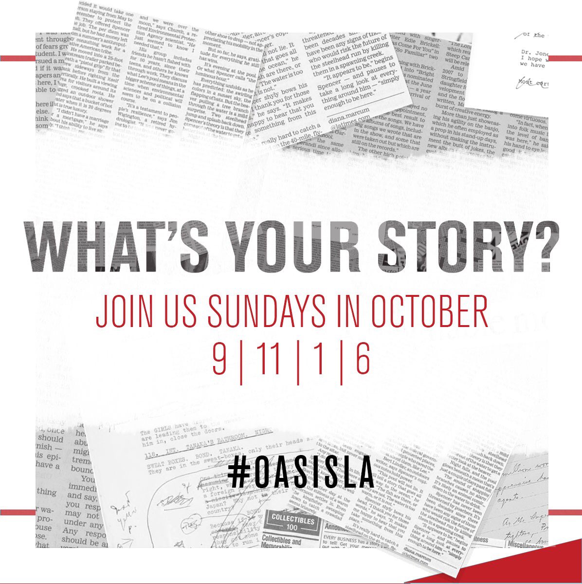 OasisLA's tweet photo. “When we allow God into our story everything changes”

Join us tomorrow for our new series: What’s Your Story? 

⌚️ 9/11/1/6 

#OasisLA https://t.co/KWXtuZRNPg