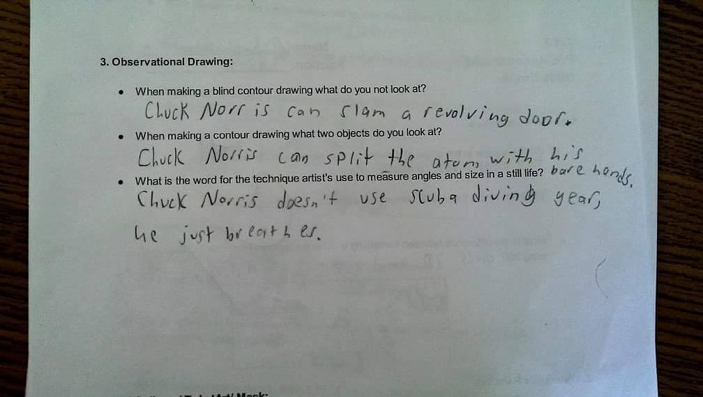 mrblaisart's tweet photo. Best answer to a #testquestion #throwback from 3 years ago #chucknorris #lovemyjob #neverdull https://t.co/dM9pmYGvm2