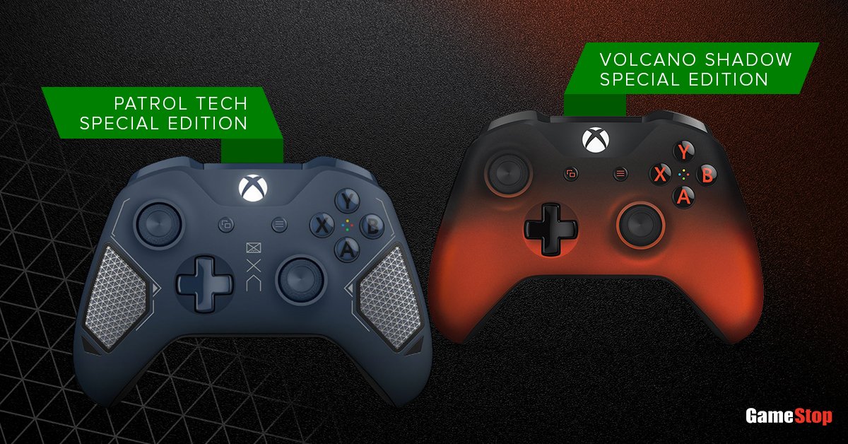 gamestop's tweet photo. An #Xbox controller for every occasion! #VolcanoShadow and #PatrolTech controllers are available now https://t.co/uCp7Xp7JZp https://t.co/s9dWE85ORQ