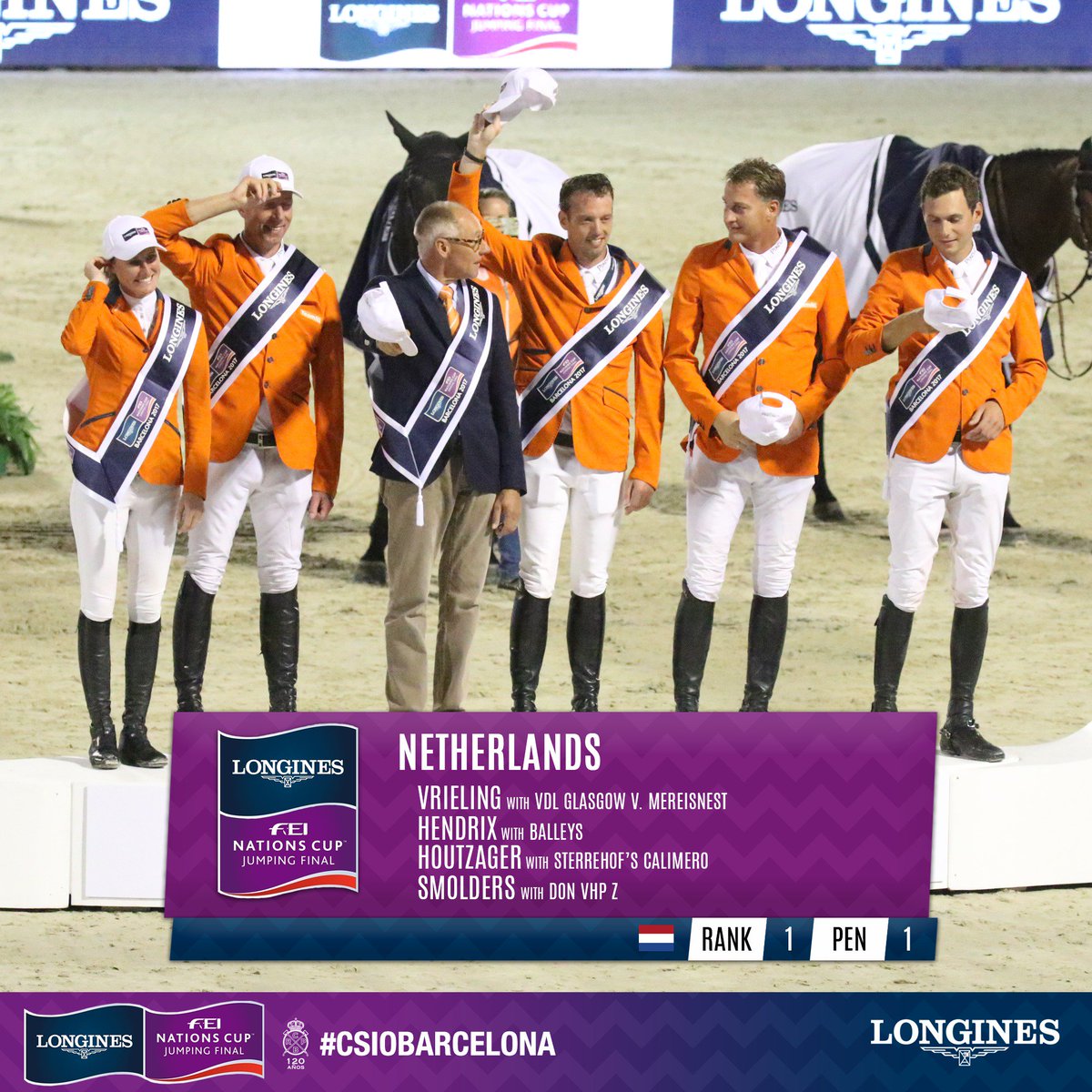 CSIOBarcelona's tweet photo. #CSIOBarcelona | @Longines #FEINationsCup #JumpingFinal
➡️ #SupportYourNation 🇨🇭🇧🇪🇸🇪🇳🇱🇺🇸🇫🇷🇩🇪🇨🇦
Orange is the new gold. Congrats,Netherlands! https://t.co/UAQMgmZnH7