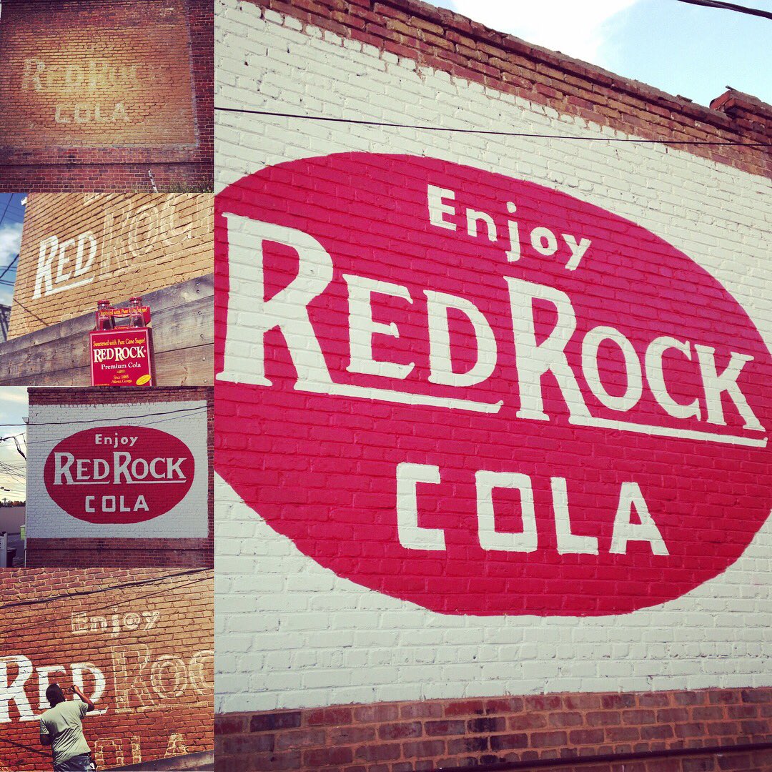 MyRutherfordton's tweet photo. Thanks @zacfree for making our Red Rocks Cola sign Enjoyable! The final product looks great! Swing by Central St to see! #Mural #RedRockCola https://t.co/8MyqFs9CJF