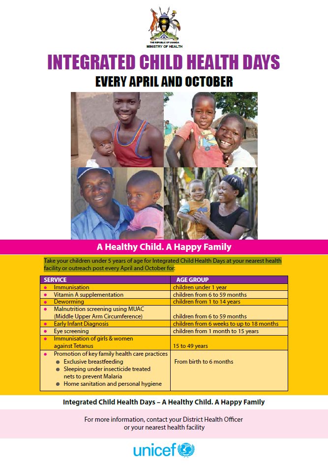 UNICEFUganda's tweet photo. Dear parents & guardians, during October, please take all your children below 5 yrs to the nearest health facility for #ChildHealthDays https://t.co/IlkvUZw8nl