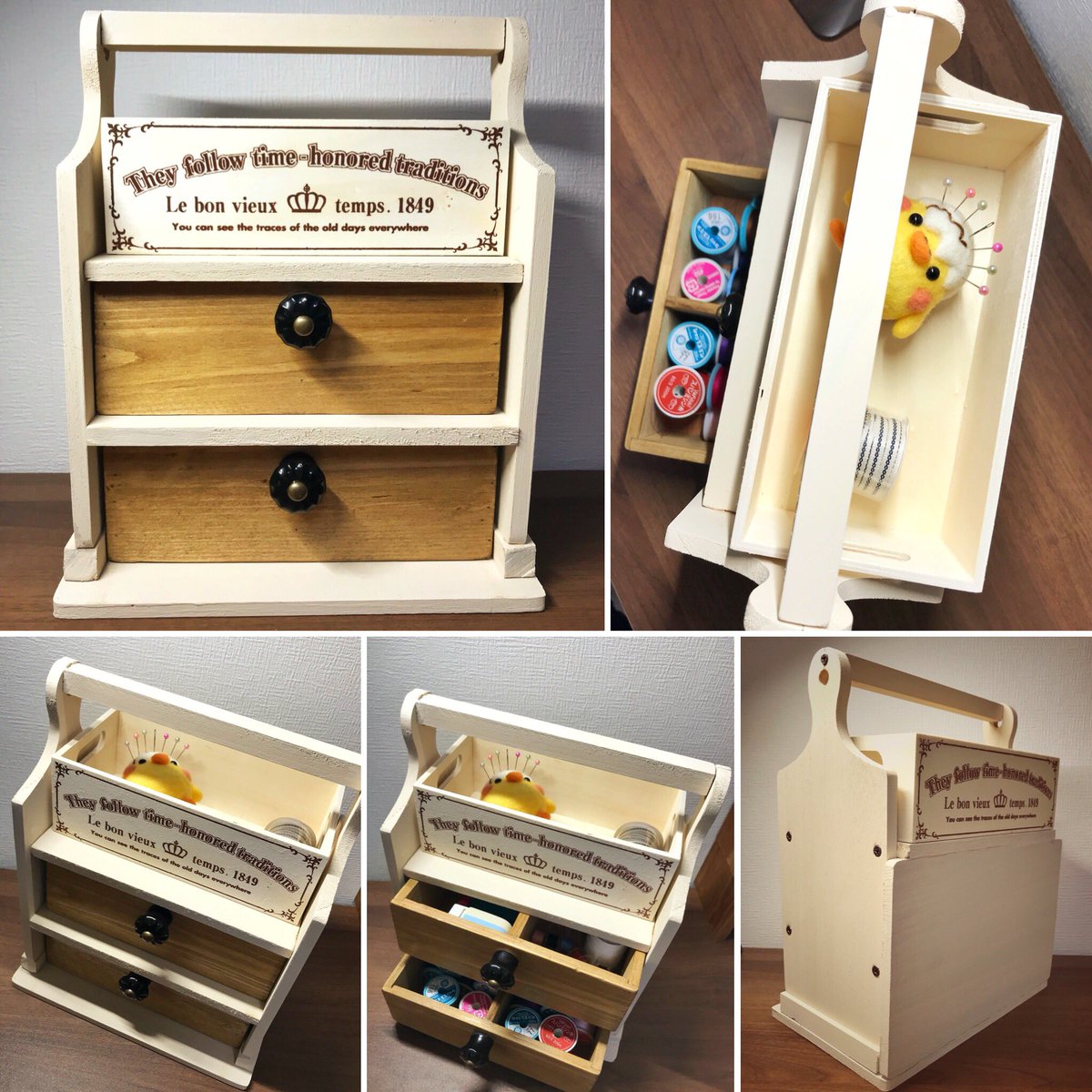 ピポポ V Twitter ピポポのつぶやき おしゃれな裁縫箱のdiyを探してたら 素敵な画像を発見 さっそくセリアで材料買い揃えて 自作してみましたぁ 艸 先日作った ぴよきちのピンクッション を入れてみた ๑ ө ๑ 裁縫箱 ぴよきち Diy 最高に