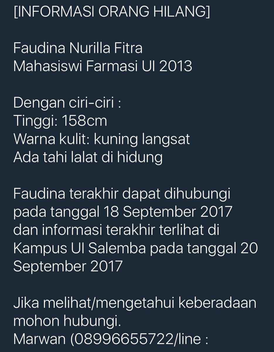 InfoLFID's tweet photo. #OrangHilang via @lightlessky mahasiswi @univ_indonesia bnt sebar agar ketemu @suzyhut @KickAndyShow @MataNajwa @NajwaShihab @ndorokakung https://t.co/zndAH8sE6R