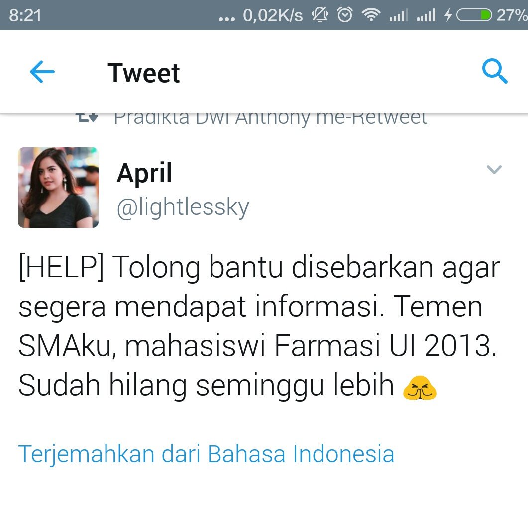 InfoLFID's tweet photo. #OrangHilang via @lightlessky mahasiswi @univ_indonesia mari bantu sebar agar lekas ketemu @ilmanakbar @infojakarta @CountMeInID https://t.co/NBfrDFcIY9