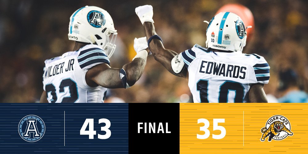 CFL's tweet photo. .@TorontoArgos win their first ever game at Tim Hortons Field!

#CFLGameDay https://t.co/VJ4FF3YXcI