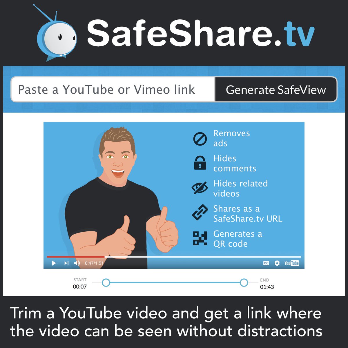 tonyvincent's tweet photo. 📺 Got a YouTube video for students? Paste its link into SafeShare to get a new link/QR code that removes distractions.
#ESU11FC17 https://t.co/oJW5gkcwcW