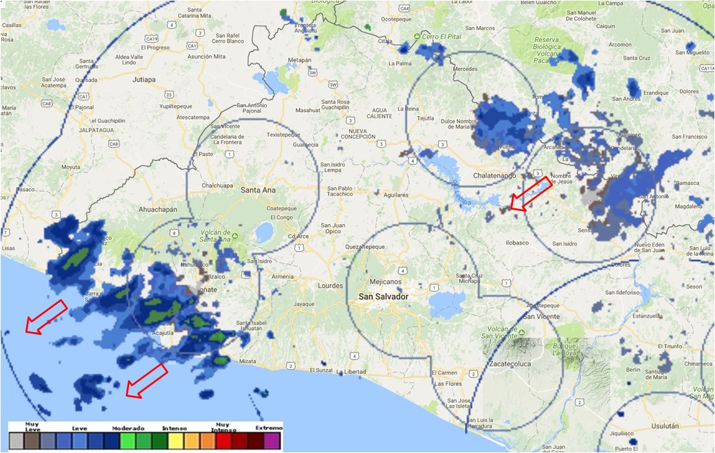 Lluvias leves a moderadas en Sonsonate y sur de Ahuachapán con dirección suroeste. Lluvias leves en Chalatenango y Cabañas. 2053MP
