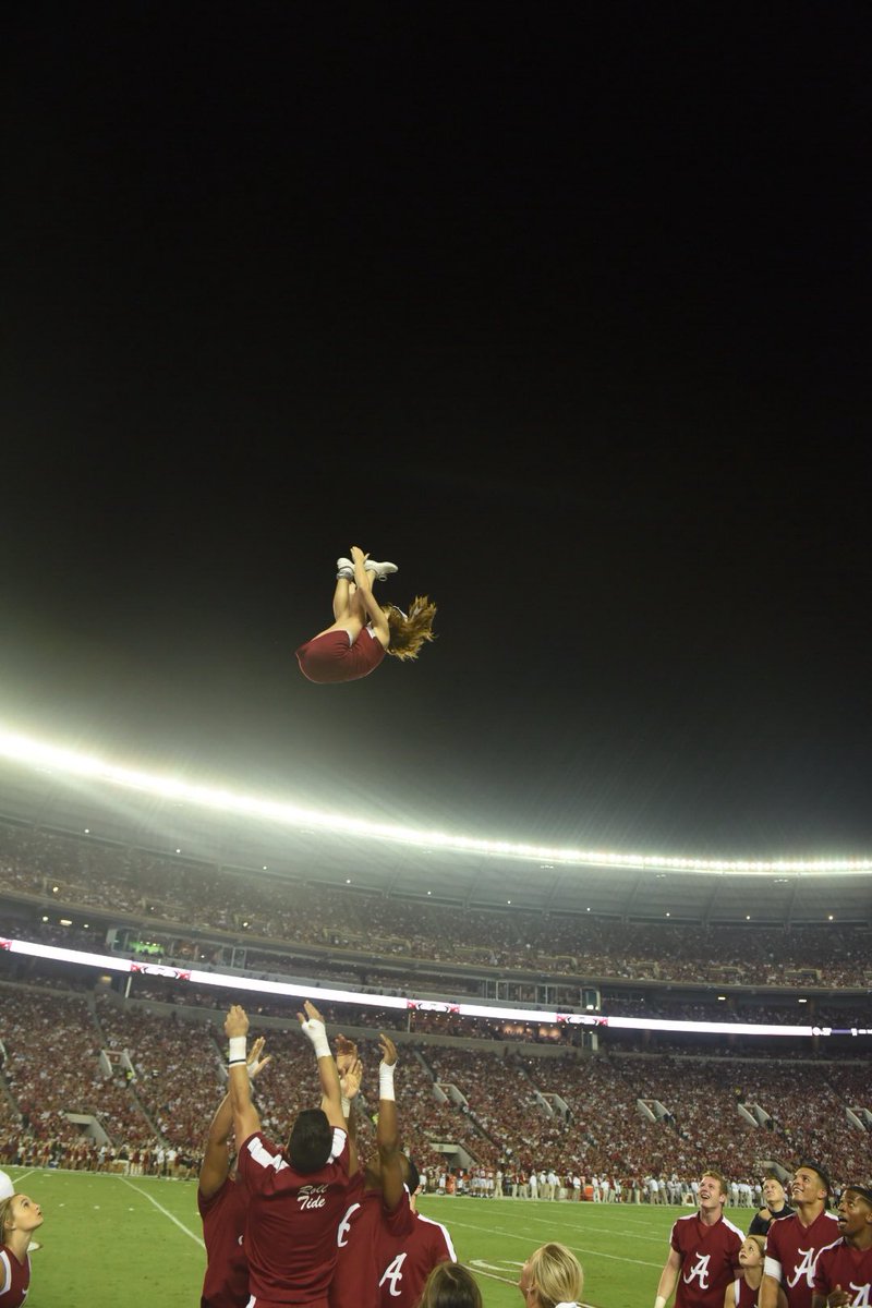 UofAlabama's tweet photo. Some serious stunts by @Alabama_cheer, y’all 😳👏👏 #BamaGameday #MISSvsBAMA https://t.co/Q86jhJXGF7